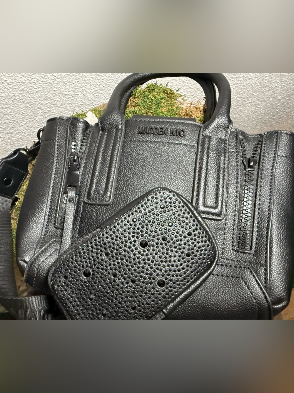 Madden NYC Black Pebbled Faux Leather Mini Satchel Bag + Bling Coin Purse